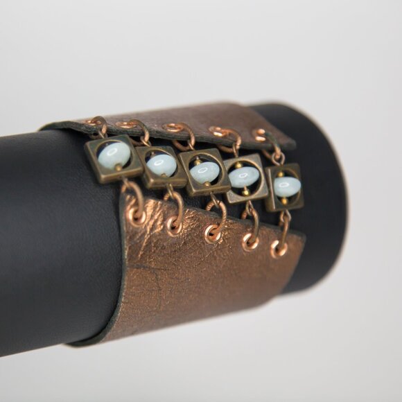 SOLD Bronze Leather Punk Wasteland Steampunk Style Cuff Bracelet Blue Stones - Picture 3 of 10